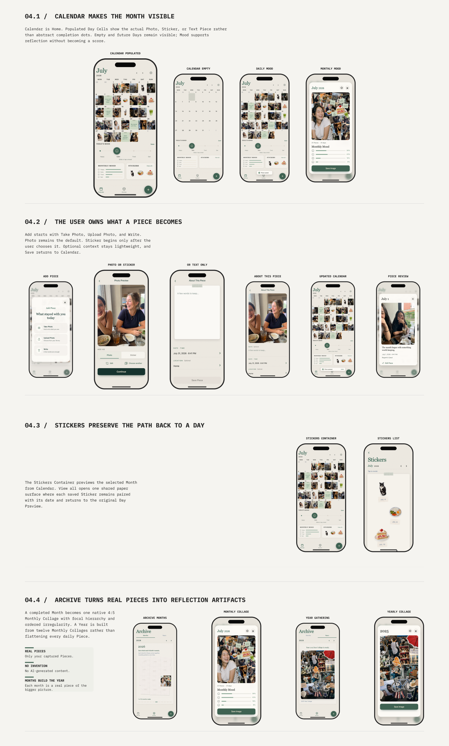 Pikly calendar, piece, sticker, and archive design highlights